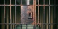 Prison interior. Locked rusty door closeup, dark background. 3d illustration