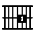 Prison or jail silhouette symbol. Metal cage with bars and lock. Crime justice or punishment icon. Vector black shape isolated on Royalty Free Stock Photo