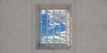 Prison, jail window with security bars and blue sky view, concrete wall background. 3d illustration