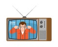 Prison news old tv. Prisoner Live broadcasting. jailbird broadcasting journalist. jailed Anchorman in tv studio.