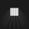 Prison room window with bars. The sun`s rays make their way through the window. Jail cell interior. Vector