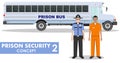 Prison security concept. Detailed illustration of prison bus, police guard and prisoner on white background in flat