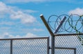 Prison security fence. Barbed wire security fence. Razor wire jail fence. Barrier border. Boundary security wall. Prison for