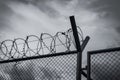 Prison security fence. Barbed wire security fence. Razor wire jail fence. Barrier border. Boundary security wall. Prison for