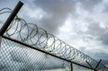 Prison security fence. Barbed wire security fence. Razor wire jail fence. Barrier border. Boundary security wall. Prison for Royalty Free Stock Photo