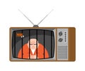 Prison TV news old television. Prisoner Live broadcasting. jailbird broadcasting journalist. jailed Anchorman in tv studio. Royalty Free Stock Photo