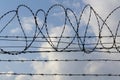 Prison wall barbed wire fence with blue sky in background Royalty Free Stock Photo