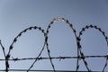 Prison wall barbed wire fence with blue sky in background Royalty Free Stock Photo