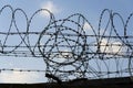 Prison wall barbed wire fence with blue sky in background Royalty Free Stock Photo