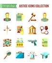 Prisoner at the bar. Set of law and justice flat icons with lawyer, jail court jury. Royalty Free Stock Photo