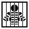 Prisoner behind bars holds rods with his hands Angry man watch through lattice in jail Incarceration concept icon black color