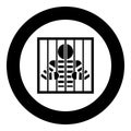Prisoner behind bars holds rods with his hands Angry man watch through lattice in jail Incarceration concept icon in circle round