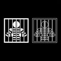 Prisoner behind bars holds rods with his hands Angry man watch through lattice in jail Incarceration concept icon outline set Royalty Free Stock Photo