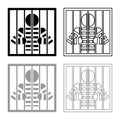 Prisoner behind bars holds rods with his hands Angry man watch through lattice in jail Incarceration concept icon outline set
