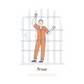 Prisoner behind bars, inmate in jail cell, sentenced man in orange jumpsuit, criminal imprisonment banner Royalty Free Stock Photo