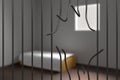 Prisoner escaped from prison. Bent bars in jail. 3D rendered illustration. Royalty Free Stock Photo