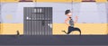 A prisoner escapes from prison. Escape the criminal. Policeman runs after the criminal. Cartoon style. Vector