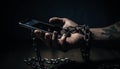 Prisoner hand holding smart phone, trapped in metal prison cell generated by AI Royalty Free Stock Photo