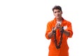The prisoner with his hands chained isolated on white background Royalty Free Stock Photo