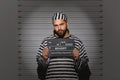 Prisoner with mugshot letter board at police department