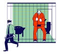 Prisoner in Prison Jail Concept. Policeman with Stick Passing by Man in Orange Jumpsuit Stand in Cell Royalty Free Stock Photo