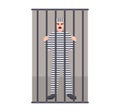 Prisoner wearing striped uniform in jail or prison cell. Detainee locked up in room with metal grid. Arrested man Royalty Free Stock Photo