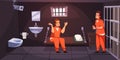 Prisoners in cell. Criminals serving punitive sentence, guys in orange jumpsuits, prison interior, bunk, bars and Royalty Free Stock Photo