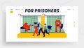 Prisoners in Prison Jail and Policemen Website Landing Page. People in Orange Jumpsuits in Cell. Arrested Convict Men