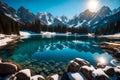 A pristine alpine lake, surrounded by snow-capped peaks, reflecting the azure sky with perfect clarity