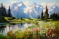 Pristine alpine meadow dotted with wildflowers, surrounded by towering snow-capped peaks