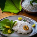 A pristine banana leaf, meticulously arranged idlis and chutney, the intricate textures and vibrant colors. Royalty Free Stock Photo