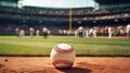 a pristine baseball resting on the infield grass, highlighting the details of the baseball& x27;s stitching and texture