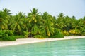 Pristine beach in Bora Bora featuring lush, swaying palm trees against a stunning tropical backdrop Royalty Free Stock Photo