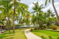 Pristine beach in Bora Bora featuring lush, swaying palm trees against a stunning tropical backdrop Royalty Free Stock Photo