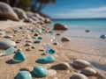 Pristine Beach with Turquoise Water and Rocky Shoreline Under Clear Blue Sky. Royalty Free Stock Photo