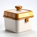 Minimalist ceramic container with bamboo lid, functional kitchenware on white background Royalty Free Stock Photo