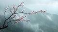 Pristine cherry blossoms emerge on a branch, with a soft mist enshrouding distant mountains. Generative Ai Royalty Free Stock Photo
