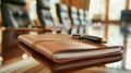 A pristine conference table set with a single embossed notebook and a sleek fountain pen Royalty Free Stock Photo