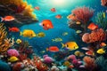 A pristine coral reef underwater scene, teeming with colorful fish and vibrant coral formations