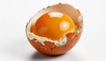 A pristine cracked brown egg with a vivid orange yolk, set against a white backdrop Royalty Free Stock Photo