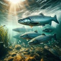 Salmon swim upstream in crystal clear water