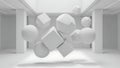 Abstract Geometric Shapes Floating in Minimalist White Architectural Space Royalty Free Stock Photo