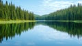 Pristine freshwater lake reflecting surrounding pine trees, serene and mirror-like surface