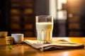 a pristine glass of milk on a charming wooden table.