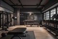 A pristine home gym with gleaming silver weight benches, dumbbells, an elliptical machine and punching bag against a background of