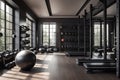 A pristine home gym with gleaming silver weight benches, dumbbells, an elliptical machine and punching bag against a background of