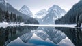 A pristine lake sits nestled amidst towering mountains blanketed in glistening snow, Icy mountain peaks reflected in a calm lake