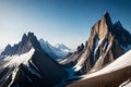 A pristine mountain peak with jagged rock formations, standing tall against a clear blue sky