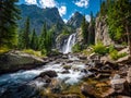 Pristine mountain stream cascading through lush forest with waterfall and rugged terrain Royalty Free Stock Photo