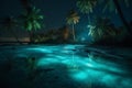 ocean beach tree luminous blue paradise night tropical sky palm vacation. Generative AI.